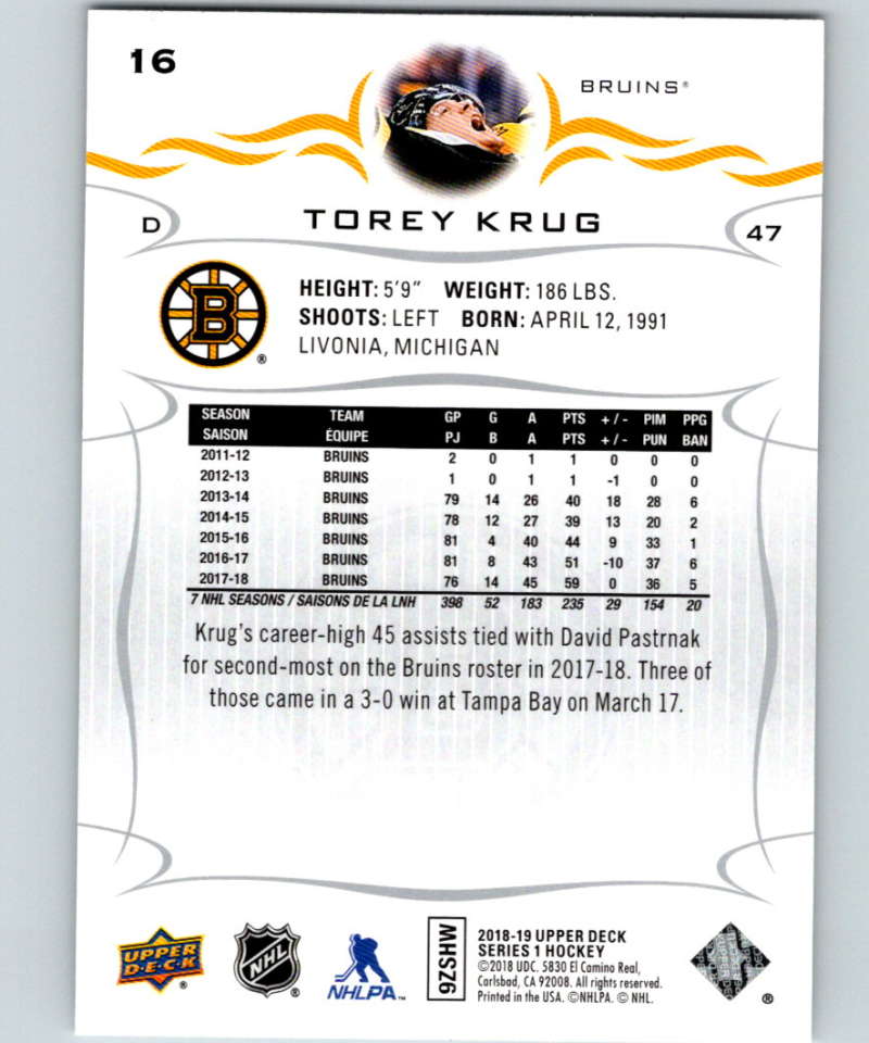 2018-19 Upper Deck #16 Torey Krug Mint Boston Bruins  Image 2