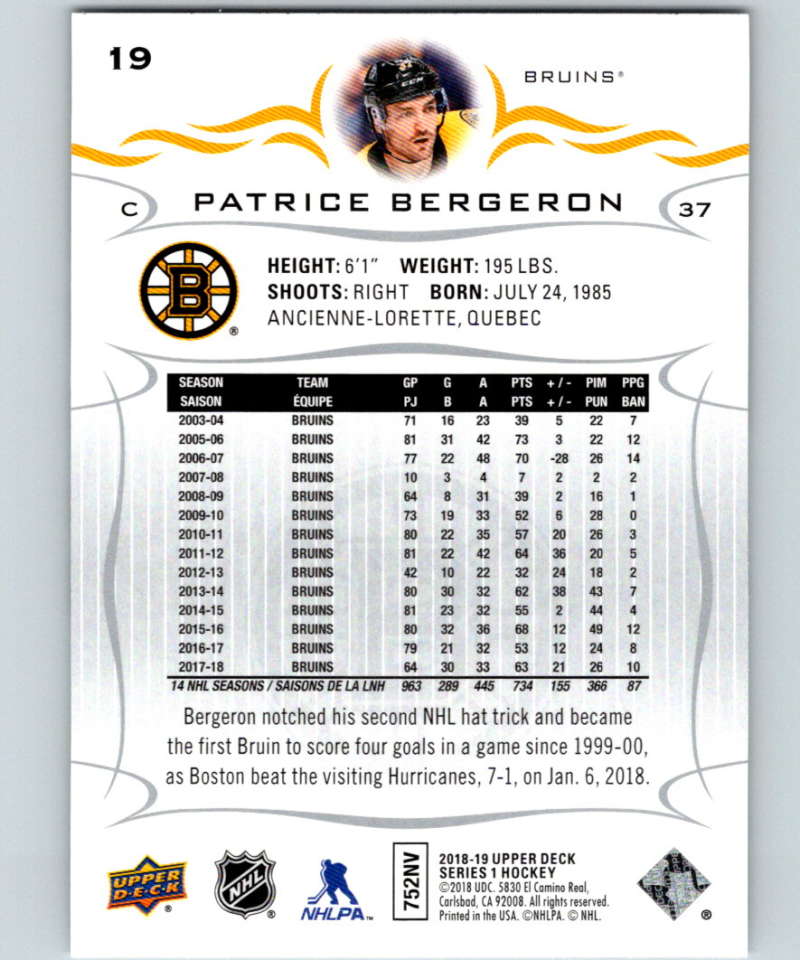 2018-19 Upper Deck #19 Patrice Bergeron Mint Boston Bruins
