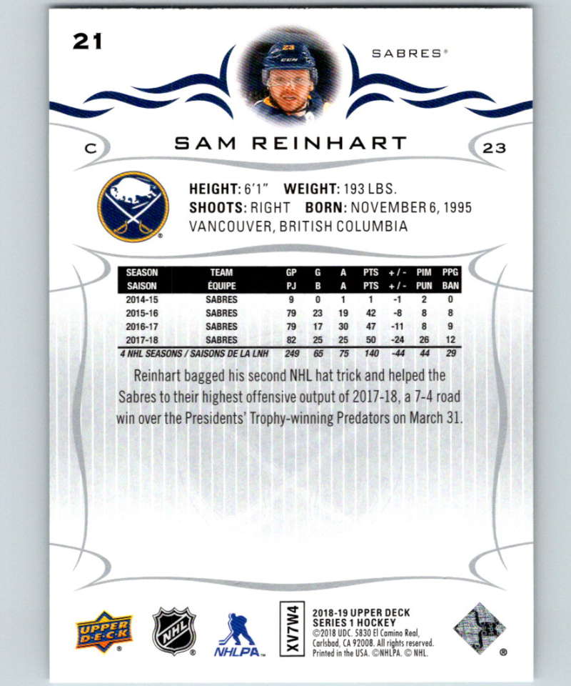 2018-19 Upper Deck #21 Sam Reinhart Mint Buffalo Sabres  Image 2