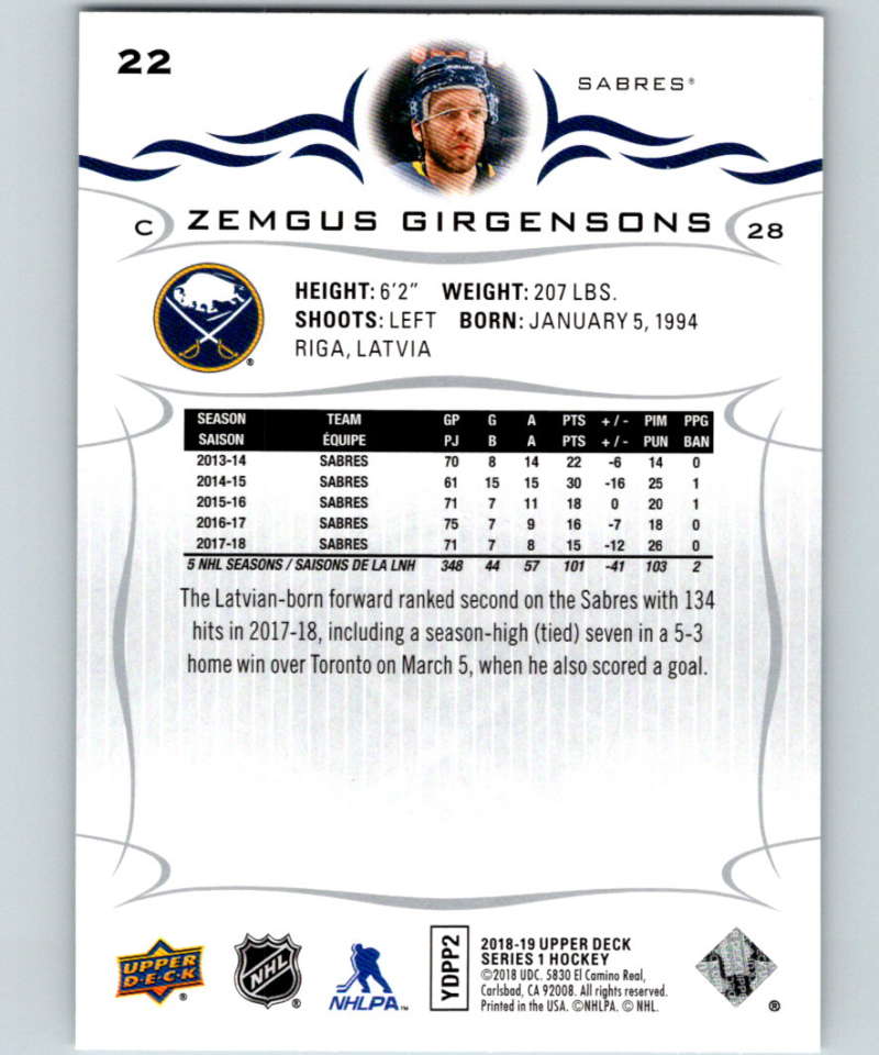 2018-19 Upper Deck #22 Zemgus Girgensons Mint Buffalo Sabres  Image 2