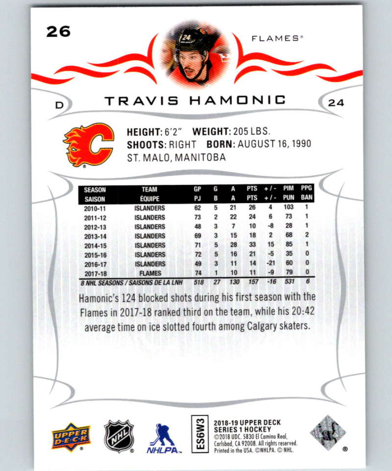2018-19 Upper Deck #26 Travis Hamonic Mint Calgary Flames  Image 2