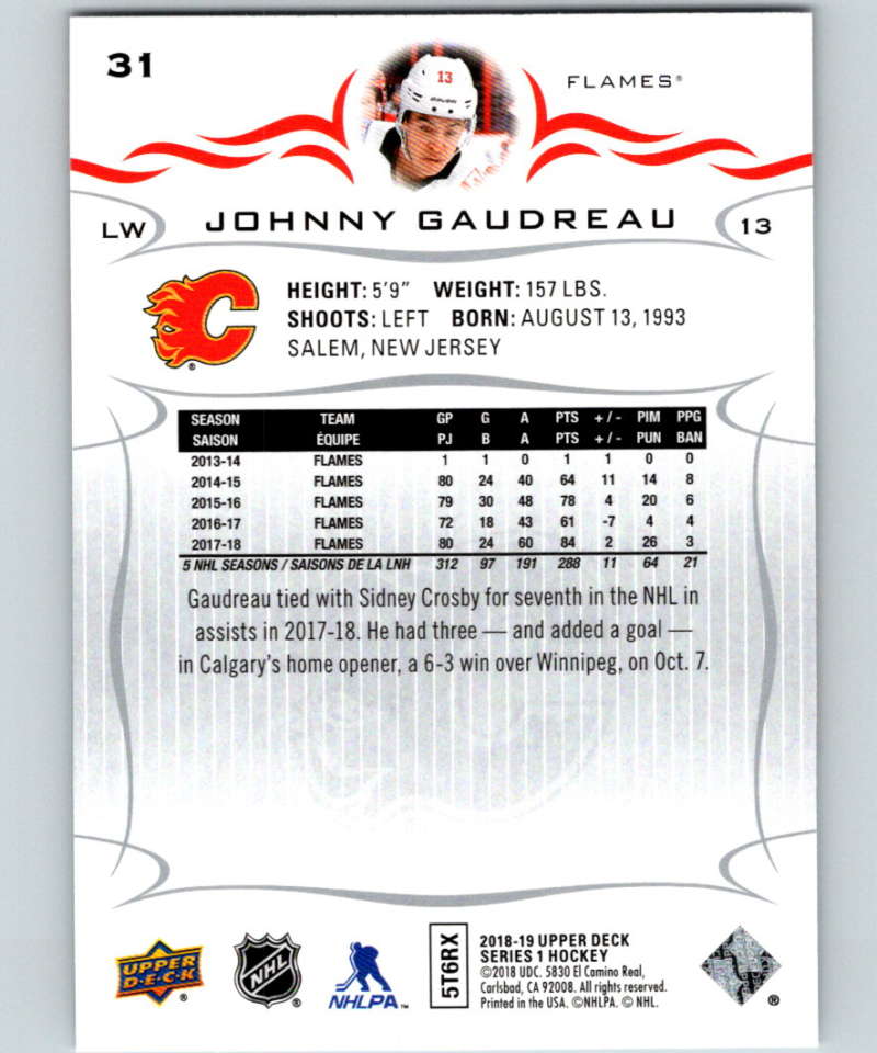 2018-19 Upper Deck #31 Johnny Gaudreau Mint Calgary Flames