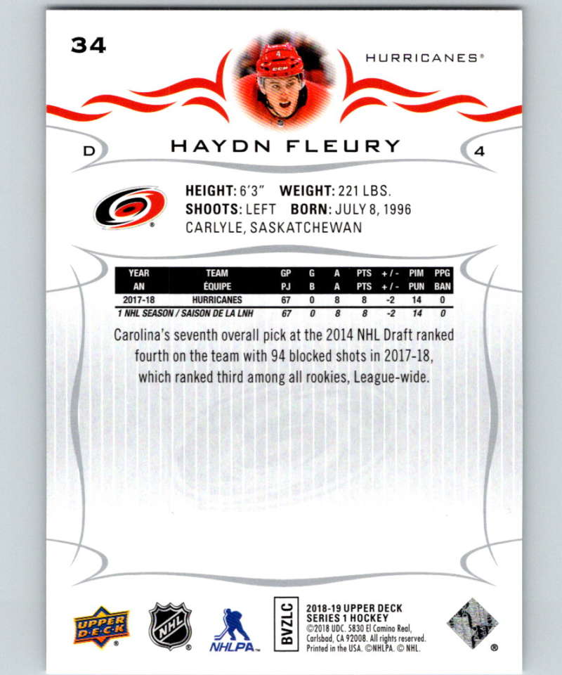 2018-19 Upper Deck #34 Haydn Fleury Mint Carolina Hurricanes