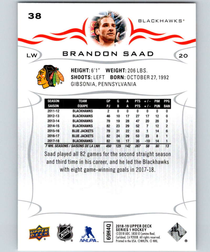 2018-19 Upper Deck #38 Brandon Saad Mint Chicago Blackhawks  Image 2