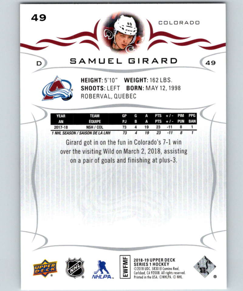 2018-19 Upper Deck #49 Samuel Girard Mint Colorado Avalanche