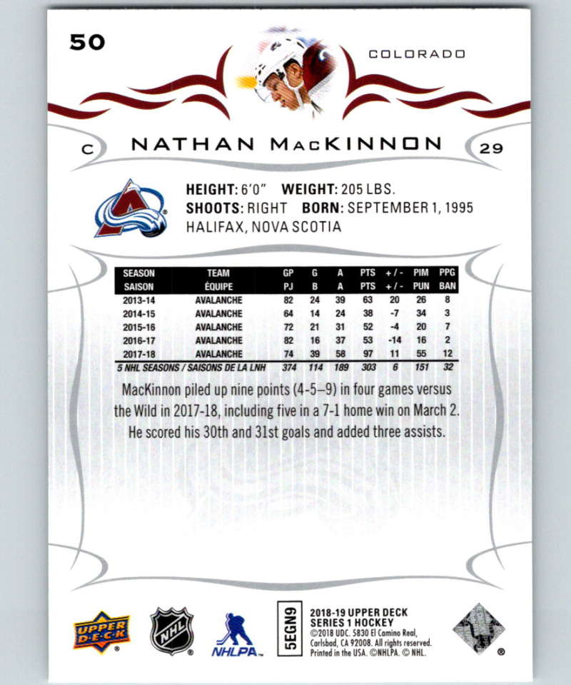2018-19 Upper Deck #50 Nathan MacKinnon Mint Colorado Avalanche