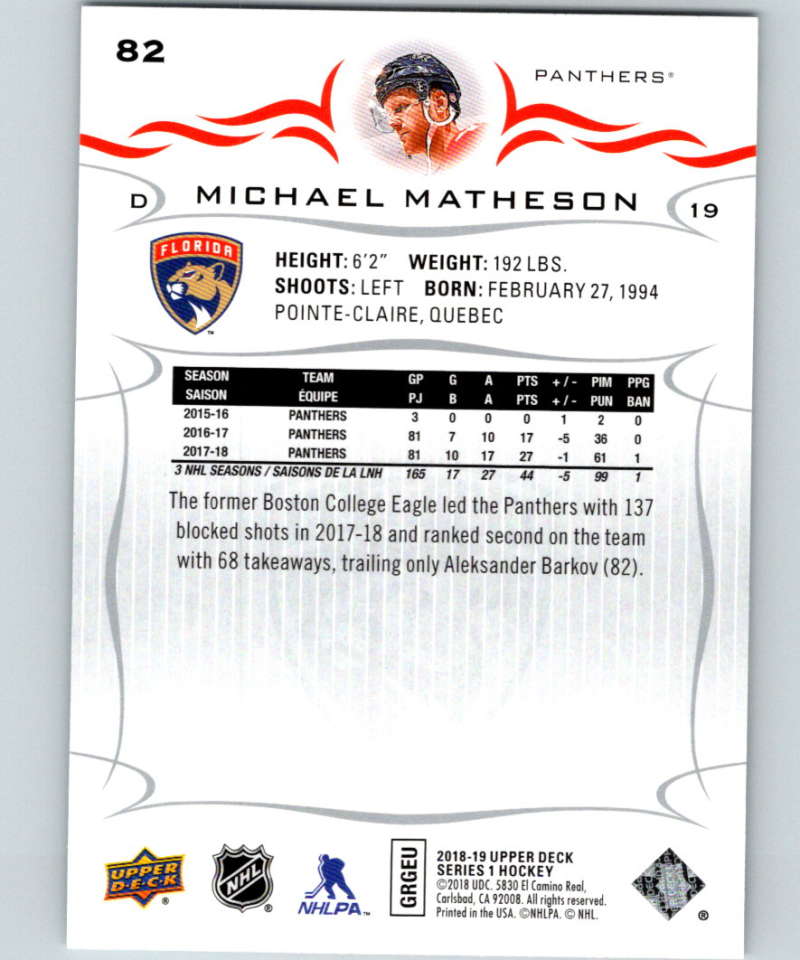2018-19 Upper Deck #82 Michael Matheson Mint Florida Panthers  Image 2