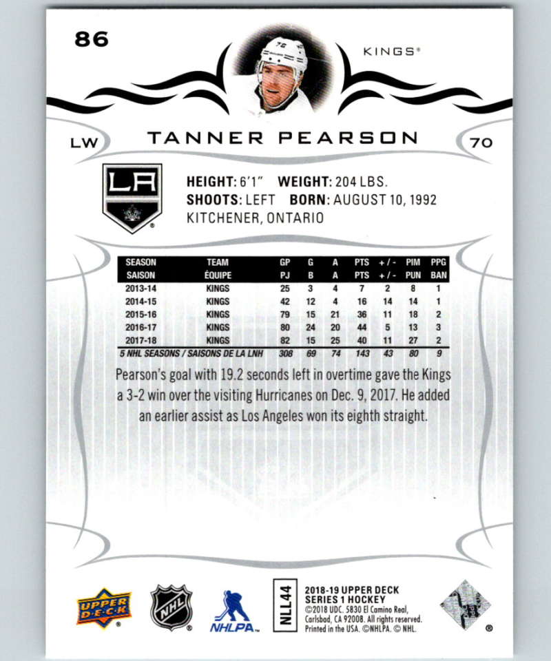 2018-19 Upper Deck #86 Tanner Pearson Mint Los Angeles Kings  Image 2