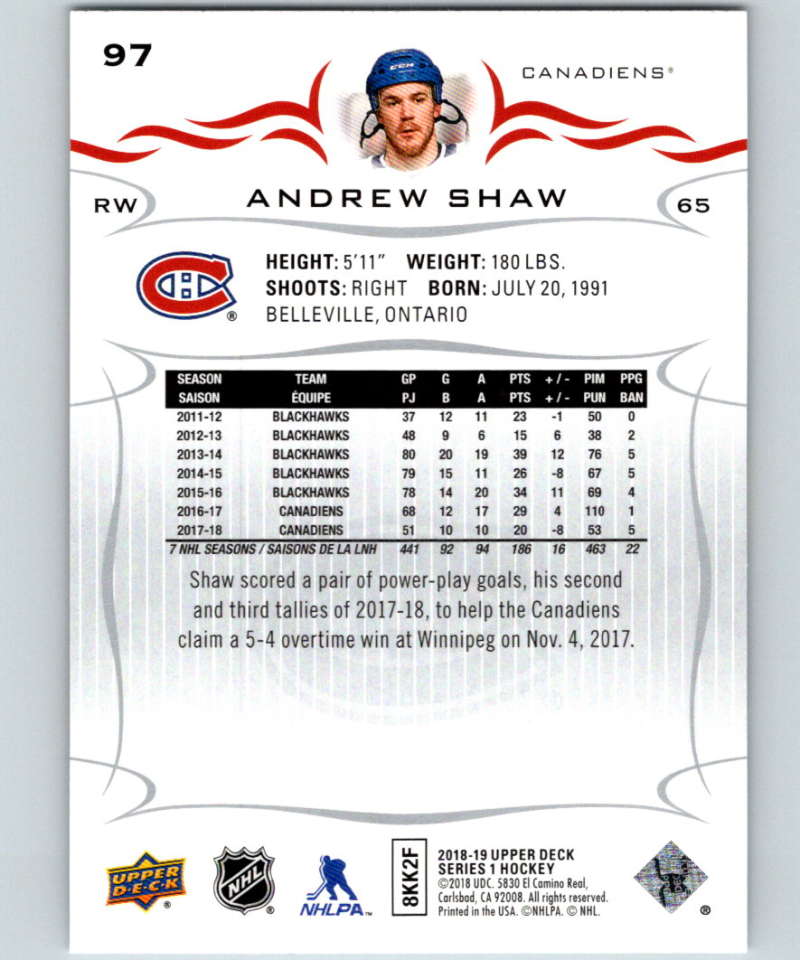 2018-19 Upper Deck #97 Andrew Shaw Mint Montreal Canadiens  Image 2