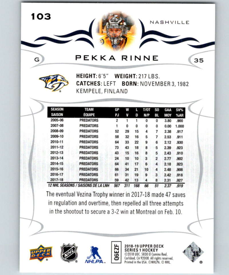2018-19 Upper Deck #103 Pekka Rinne Mint Nashville Predators  Image 2