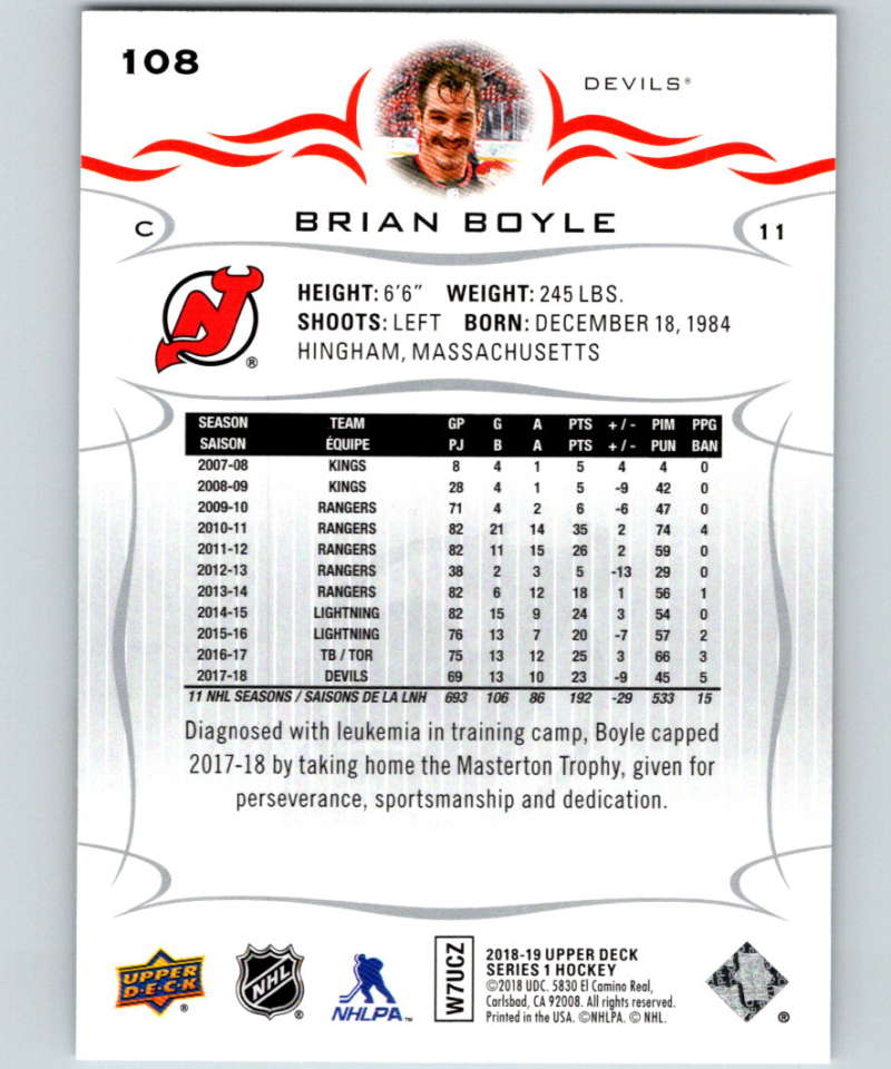 2018-19 Upper Deck #108 Brian Boyle Mint New Jersey Devils  Image 2