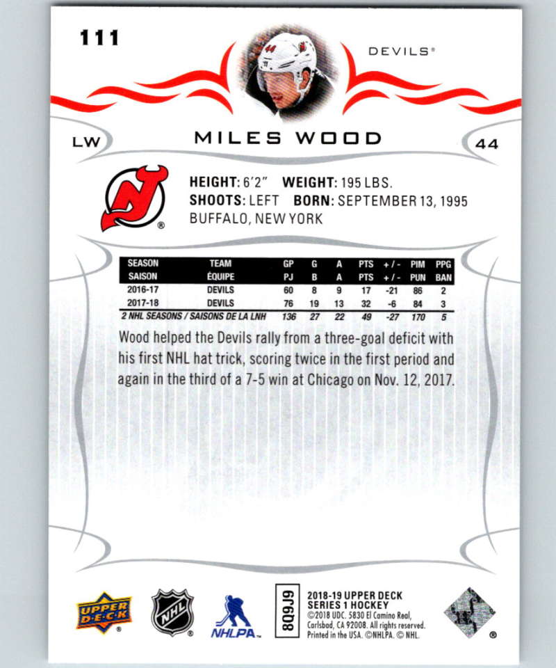 2018-19 Upper Deck #111 Miles Wood Mint New Jersey Devils  Image 2