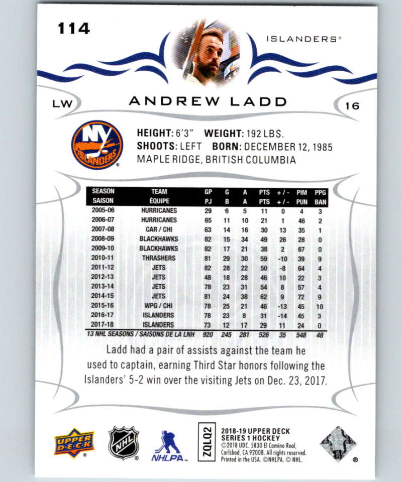2018-19 Upper Deck #114 Andrew Ladd Mint New York Islanders  Image 2