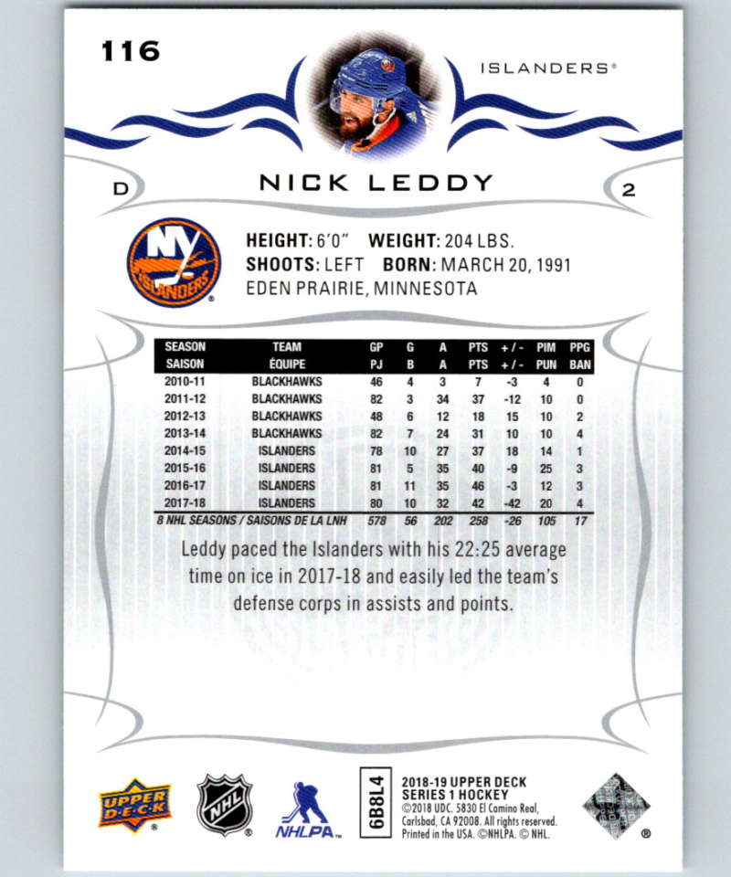 2018-19 Upper Deck #116 Nick Leddy Mint New York Islanders  Image 2
