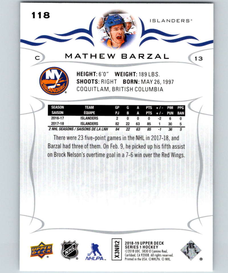 2018-19 Upper Deck #118 Mathew Barzal Mint New York Islanders  Image 2