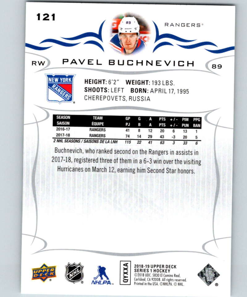 2018-19 Upper Deck #121 Pavel Buchnevich Mint New York Rangers  Image 2