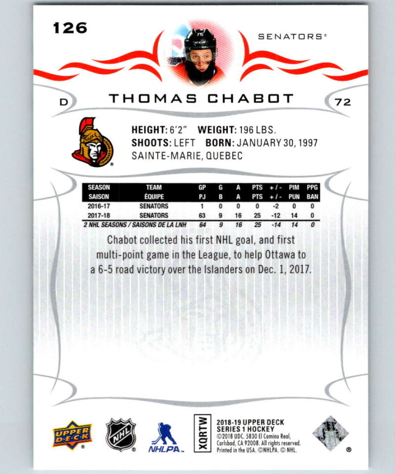2018-19 Upper Deck #126 Thomas Chabot Mint Ottawa Senators
