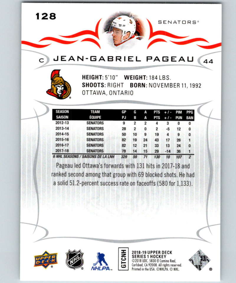 2018-19 Upper Deck #128 Jean-Gabriel Pageau Mint Ottawa Senators  Image 2