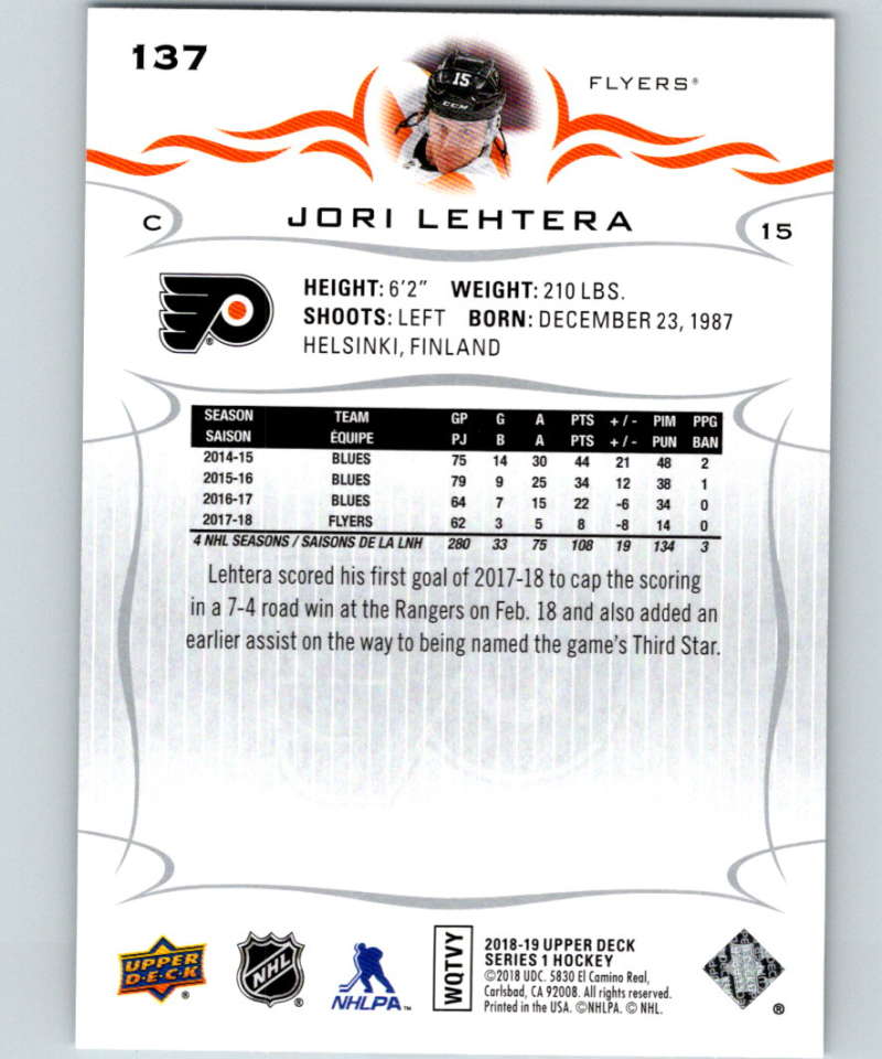2018-19 Upper Deck #137 Jori Lehtera Mint Philadelphia Flyers  Image 2