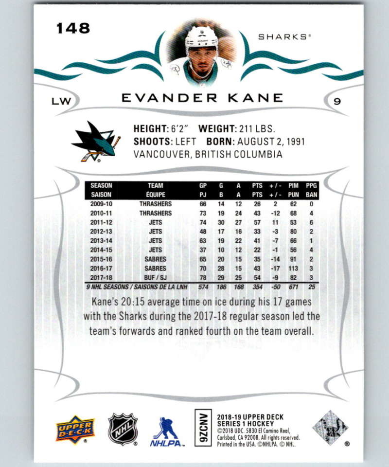2018-19 Upper Deck #148 Evander Kane Mint San Jose Sharks  Image 2