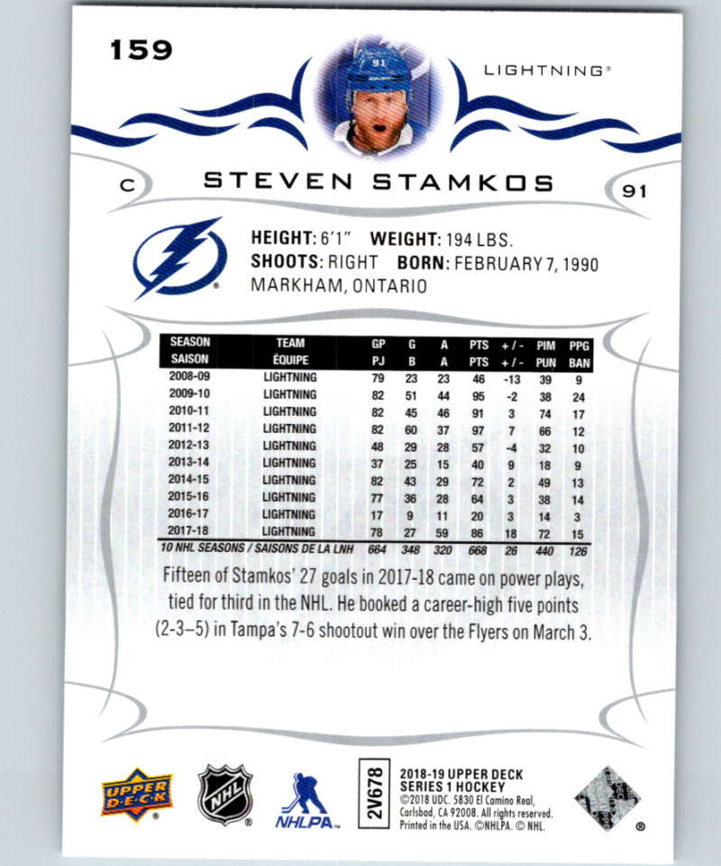 2018-19 Upper Deck #159 Steven Stamkos Mint Tampa Bay Lightning