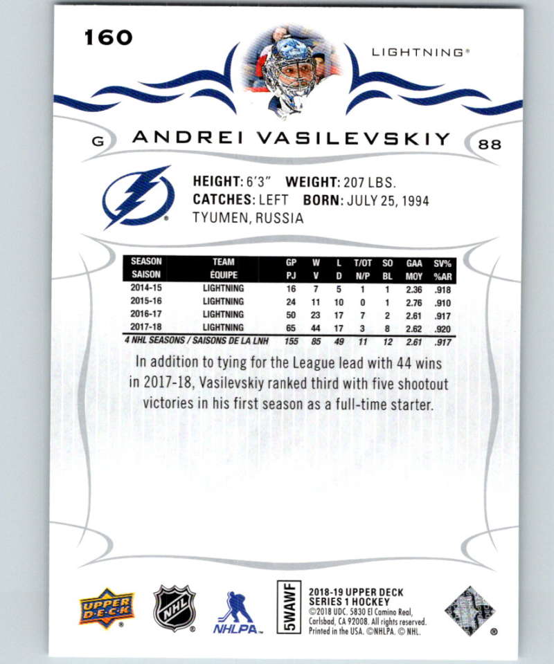2018-19 Upper Deck #160 Andrei Vasilevskiy Mint Tampa Bay Lightning  Image 2