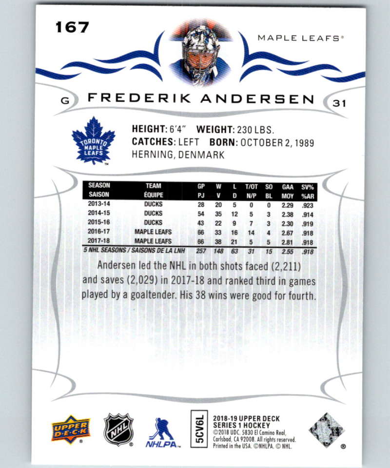 2018-19 Upper Deck #167 Frederik Andersen Mint Toronto Maple Leafs