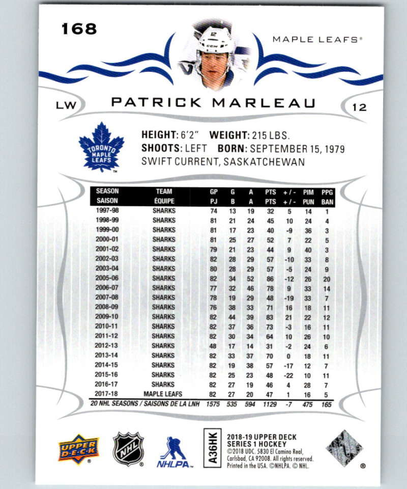 2018-19 Upper Deck #168 Patrick Marleau Mint Toronto Maple Leafs