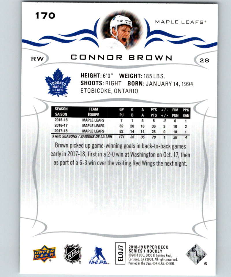 2018-19 Upper Deck #170 Connor Brown Mint Toronto Maple Leafs