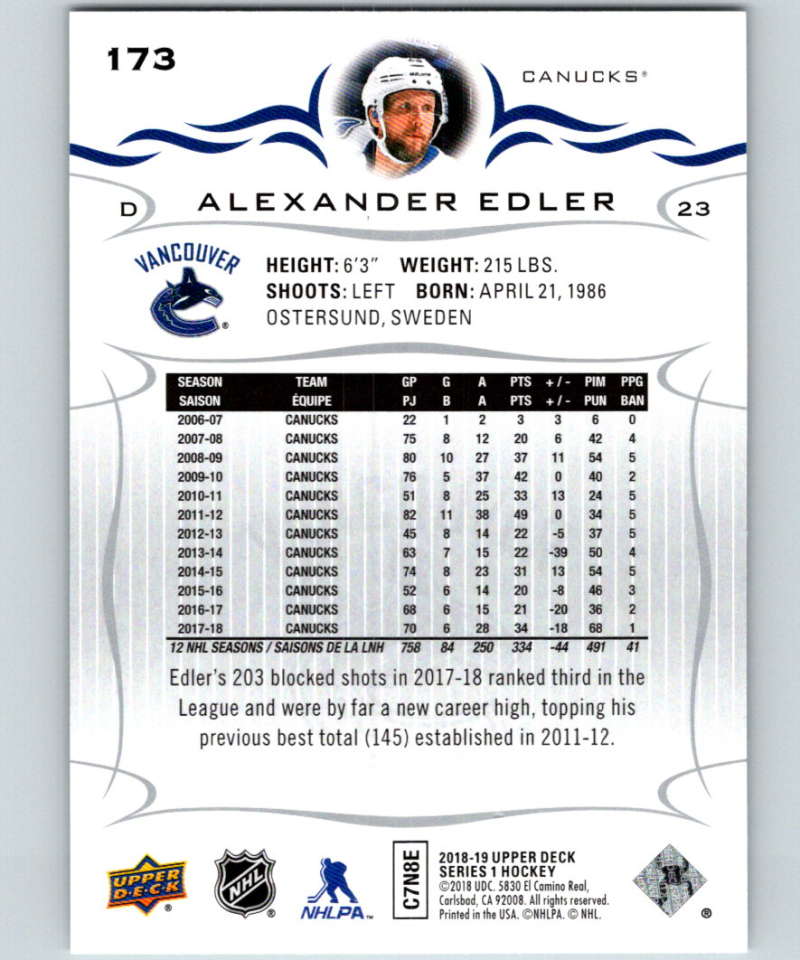 2018-19 Upper Deck #173 Alexander Edler Mint Vancouver Canucks  Image 2