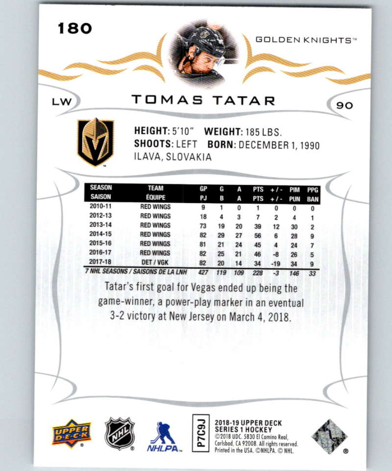 2018-19 Upper Deck #180 Tomas Tatar Mint Vegas Golden Knights
