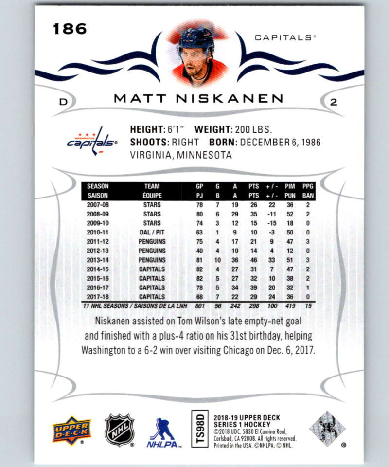 2018-19 Upper Deck #186 Matt Niskanen Mint Washington Capitals  Image 2