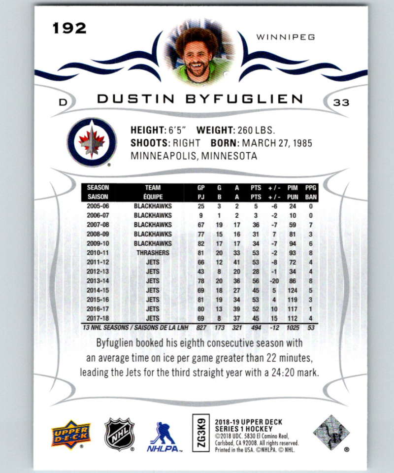 2018-19 Upper Deck #192 Dustin Byfuglien Mint Winnipeg Jets