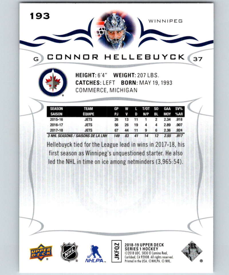 2018-19 Upper Deck #193 Connor Hellebuyck Mint Winnipeg Jets