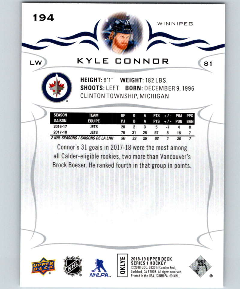 2018-19 Upper Deck #194 Kyle Connor Mint Winnipeg Jets