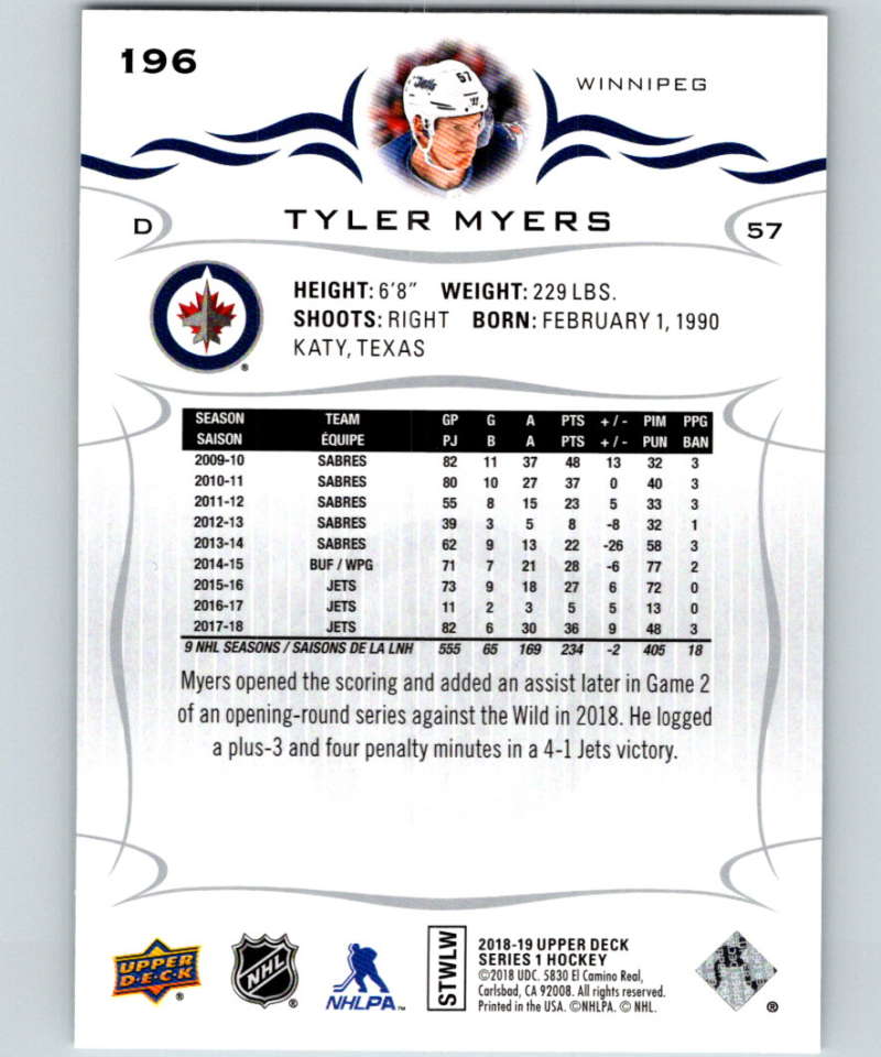 2018-19 Upper Deck #196 Tyler Myers Mint Winnipeg Jets  Image 2