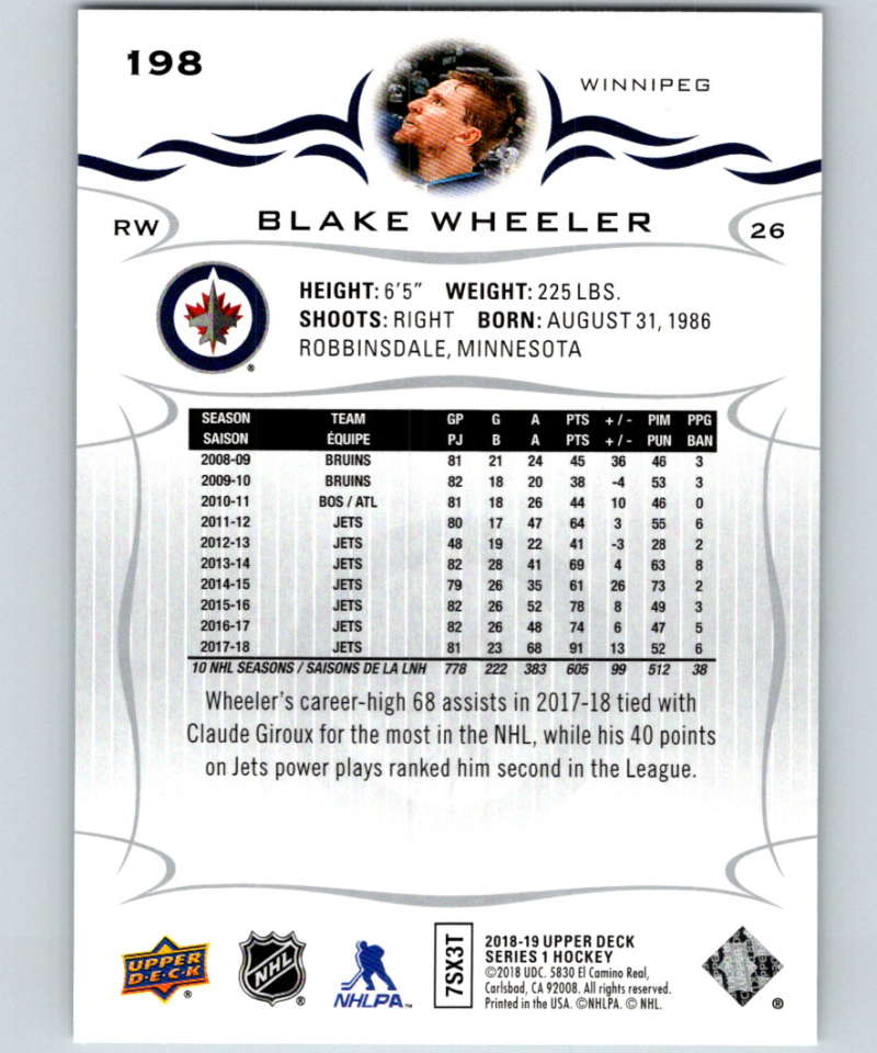 2018-19 Upper Deck #198 Blake Wheeler Mint Winnipeg Jets  Image 2