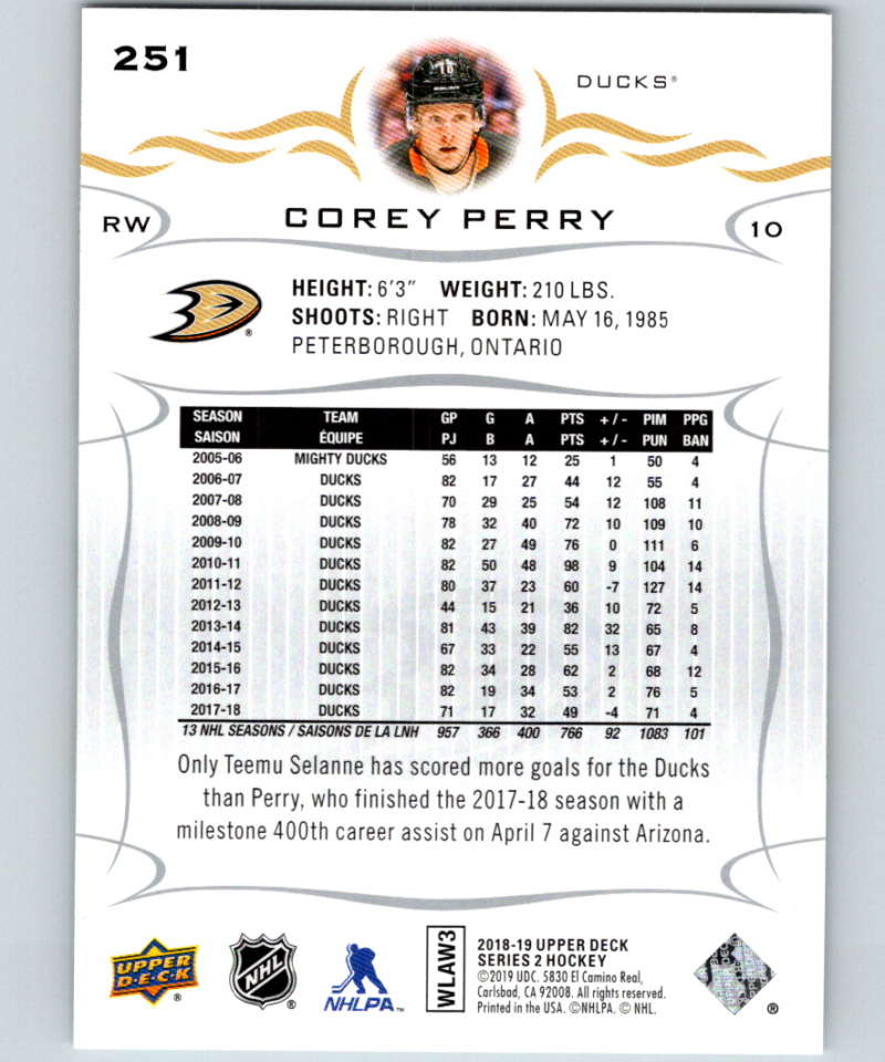 2018-19 Upper Deck #251 Corey Perry Mint Anaheim Ducks  Image 2