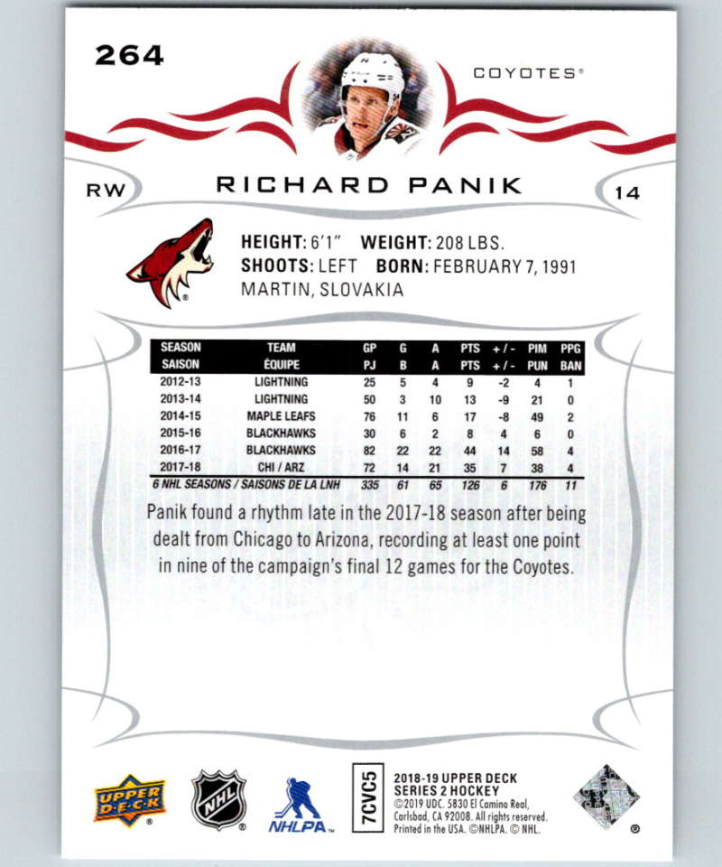 2018-19 Upper Deck #264 Richard Panik Mint Arizona Coyotes  Image 2