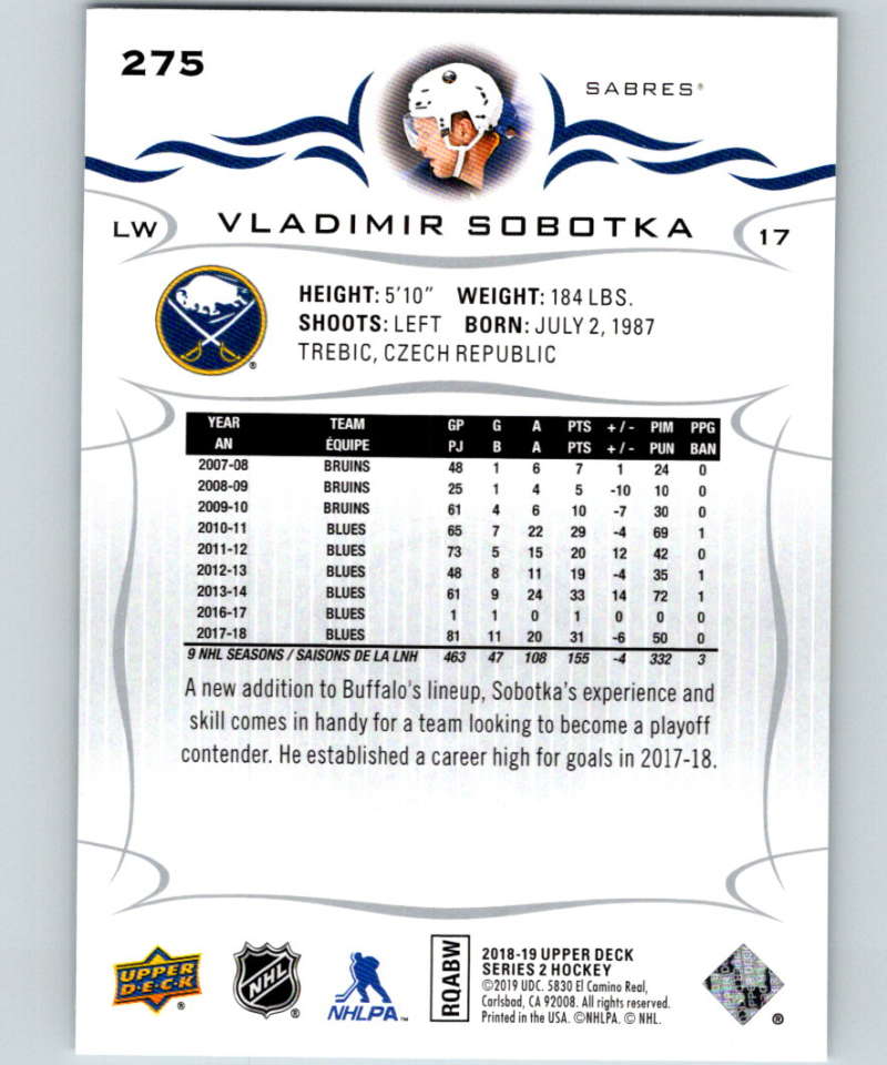 2018-19 Upper Deck #275 Vladimir Sobotka Mint Buffalo Sabres  Image 2