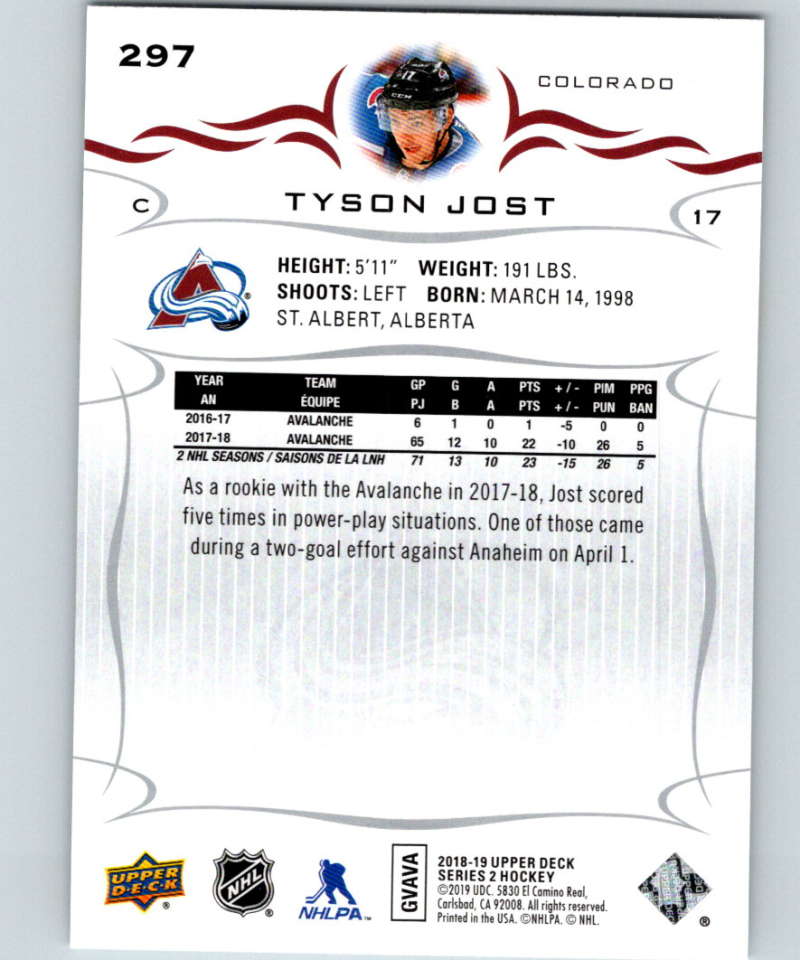 2018-19 Upper Deck #297 Tyson Jost Mint Colorado Avalanche  Image 2
