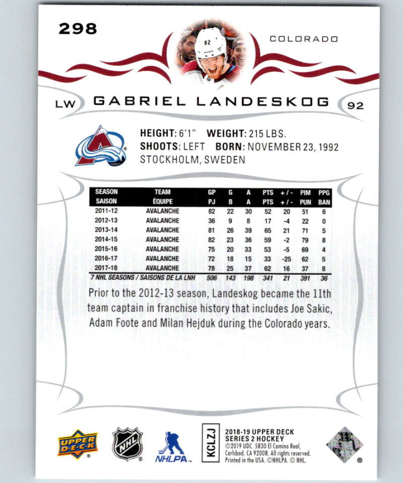 2018-19 Upper Deck #298 Gabriel Landeskog Mint Colorado Avalanche  Image 2