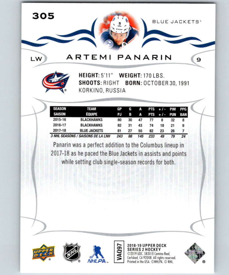 2018-19 Upper Deck #305 Artemi Panarin Mint Columbus Blue Jackets  Image 2