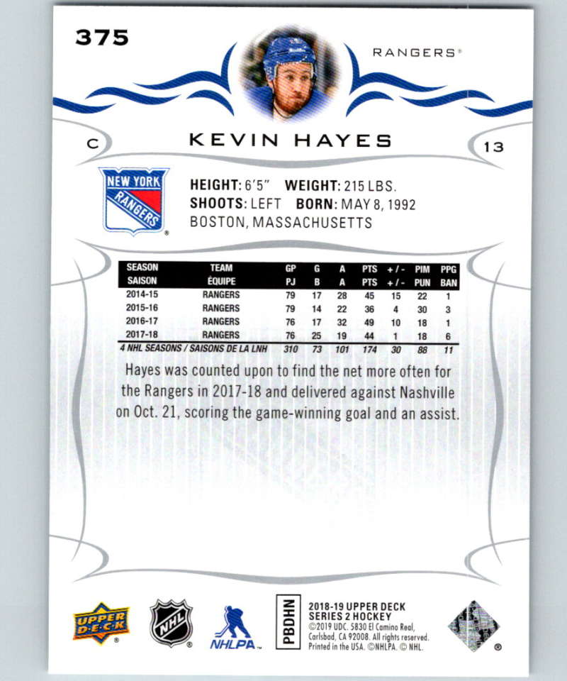 2018-19 Upper Deck #375 Kevin Hayes Mint New York Rangers  Image 2