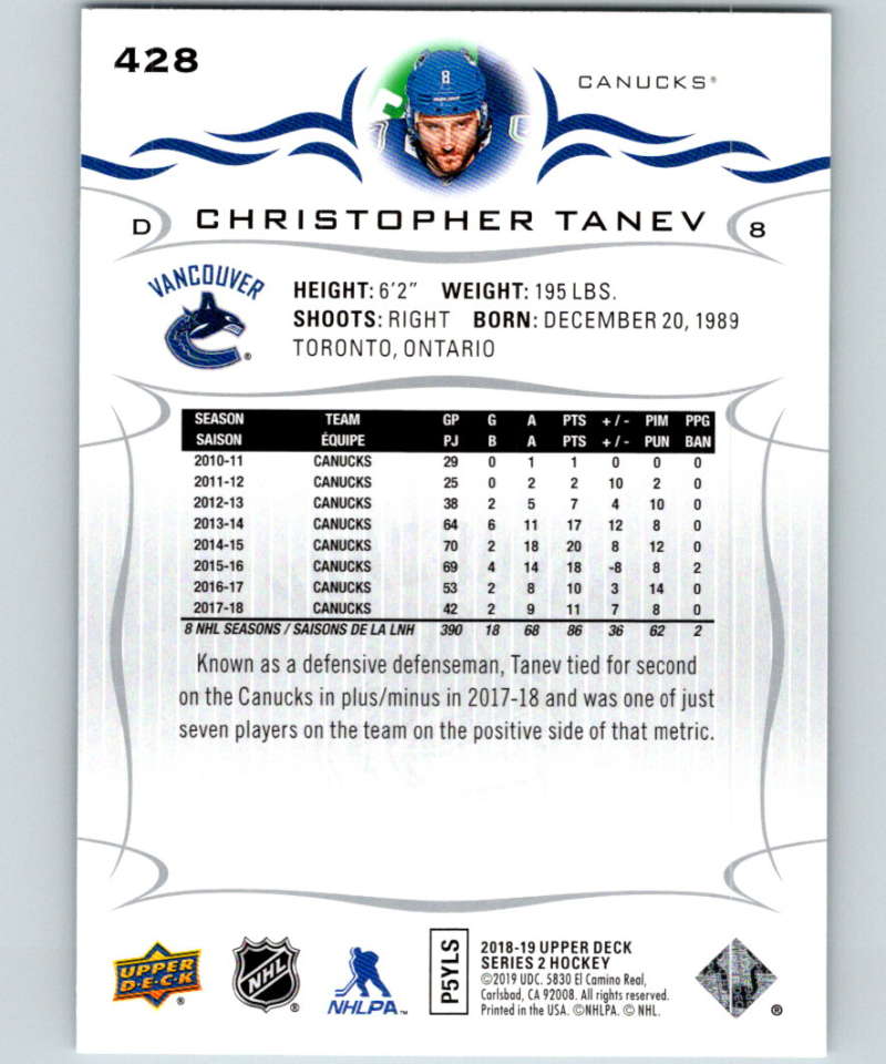 2018-19 Upper Deck #428 Christopher Tanev Mint Vancouver Canucks  Image 2