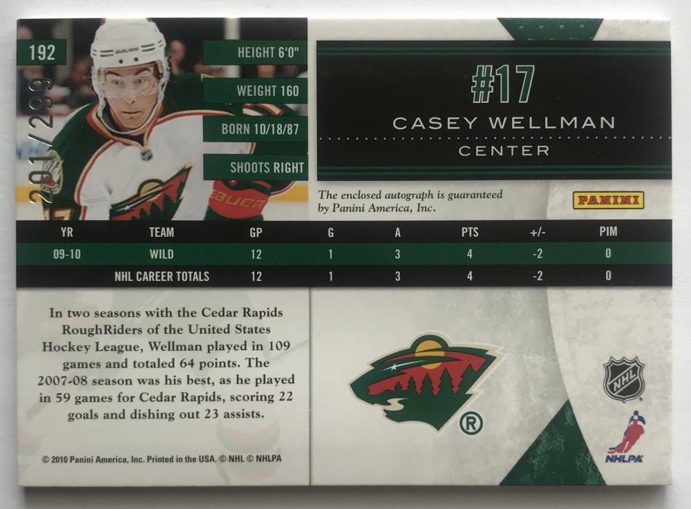 2010-11 Panini Limited Material Phenoms Casey Wellman MINT 201/299 Patch RC 07609
