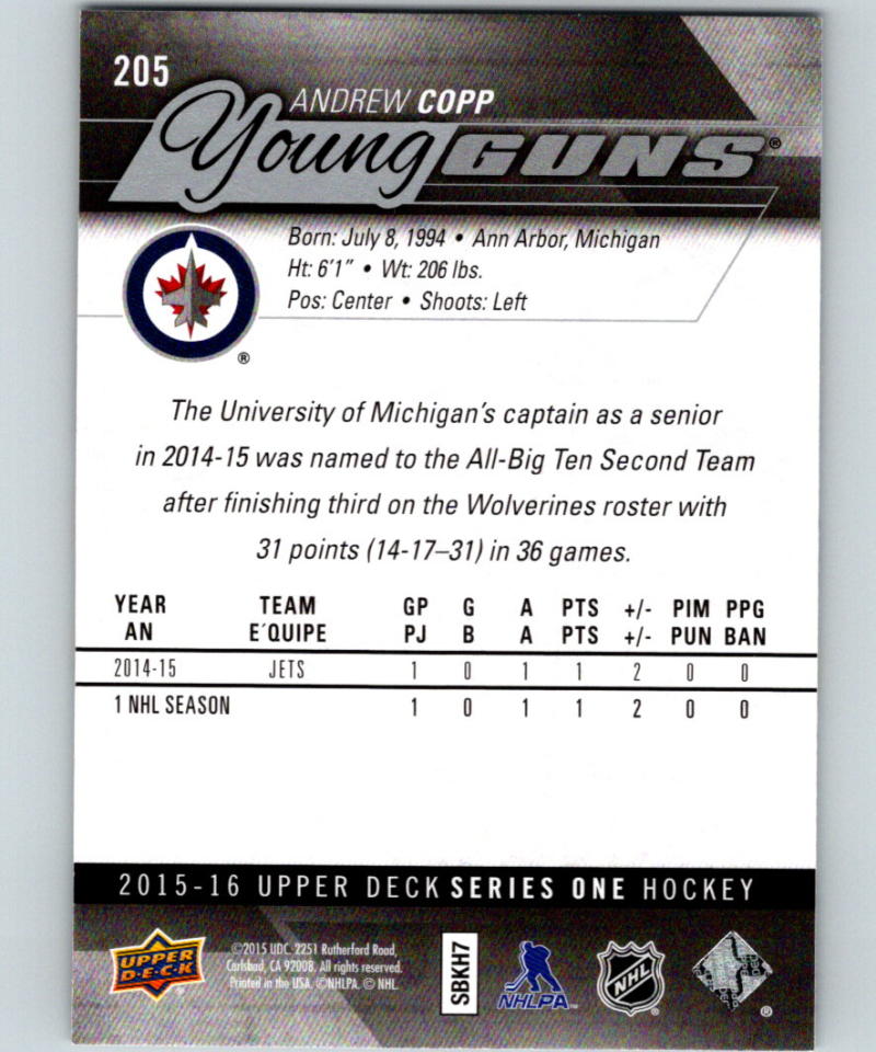 2015-16 Upper Deck #205 Andrew Copp Young Guns YG RC Rookie Y861