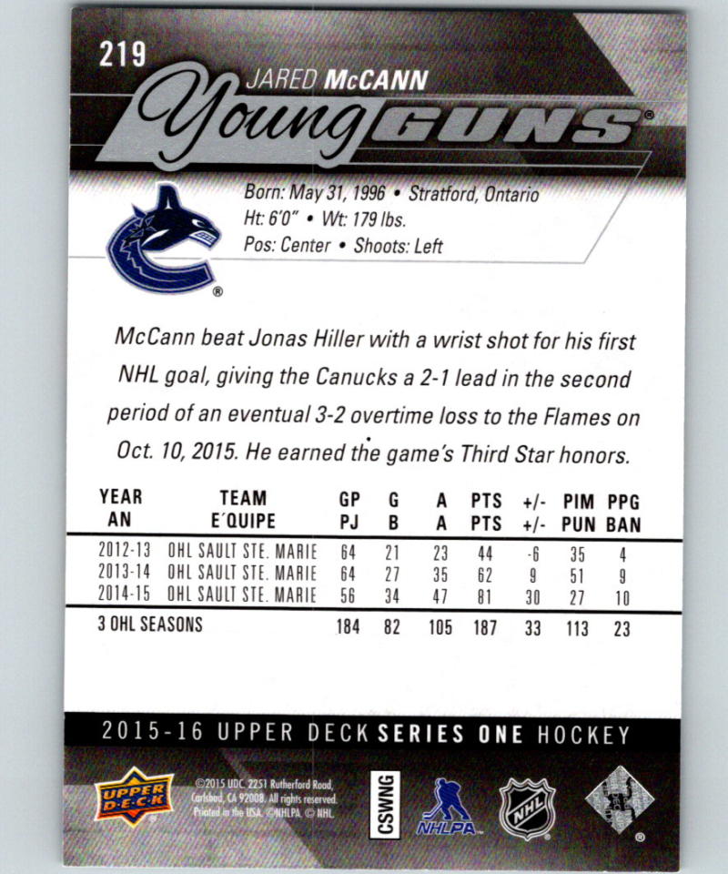 2015-16 Upper Deck #219 Jared McCann Young Guns YG RC Rookie Y861
