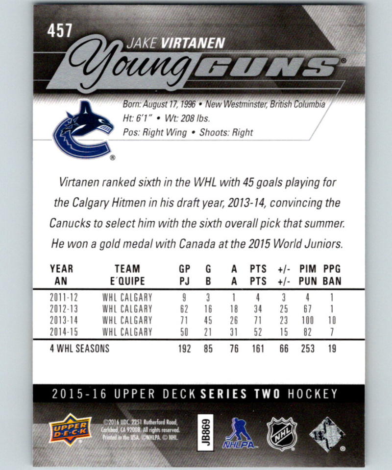 2015-16 Upper Deck #457 Jake Virtanen Young Guns YG RC Rookie Y861