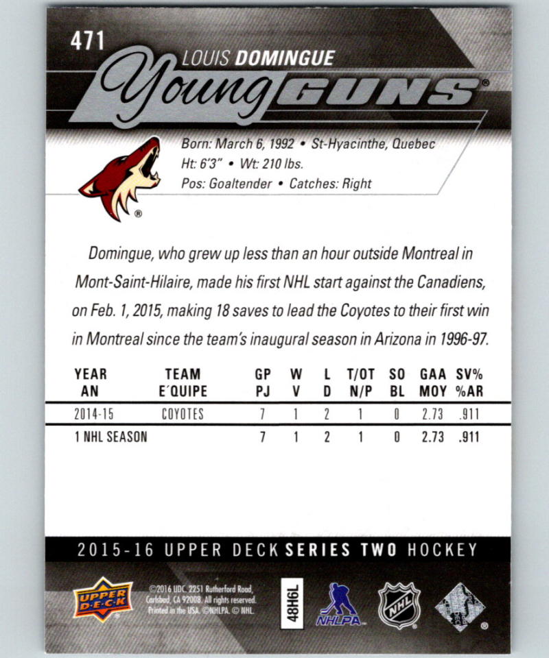 2015-16 Upper Deck #471 Louis Domingue Young Guns YG RC Rookie Y861